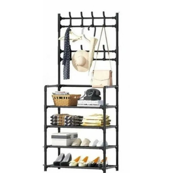 Вешалка для одежды с полками для обуви New simple floor clothes rack чёрная