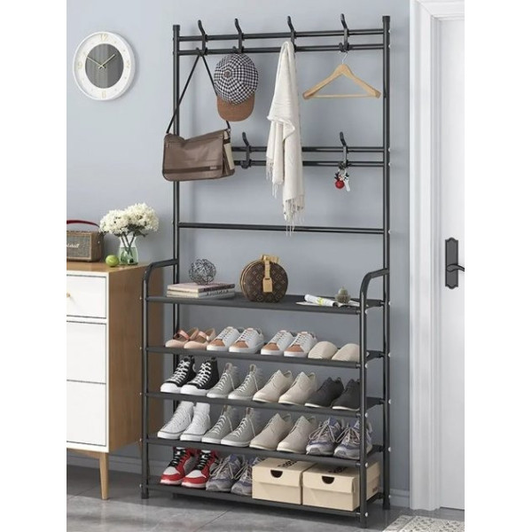 Вешалка для одежды с полками для обуви New simple floor clothes rack чёрная