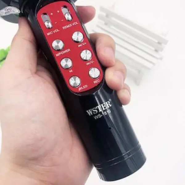 Микрофон караоке WSTER WS-1816 - беспроводной Bluetooth микрофон с cветомузыкой слотом USB и FM тюнером