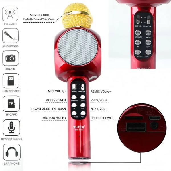 Микрофон караоке WSTER WS-1816 - беспроводной Bluetooth микрофон с cветомузыкой слотом USB и FM тюнером