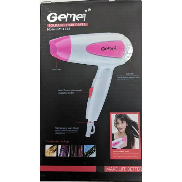 Дорожный фен Gemei GM-1756 Pink с мощностью 1200 Вт и складной ручкой для удобства хранения