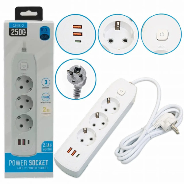 Сетевой фильтр AND-16-20 с 3 розетками, 2 USB и Type-C разъемами