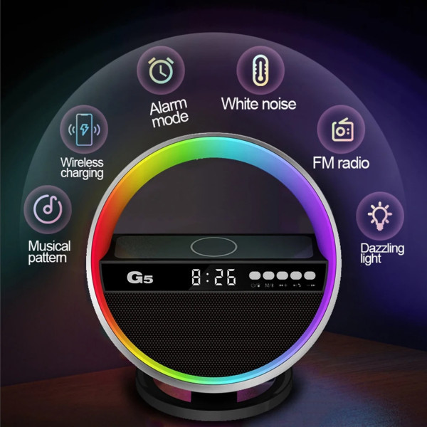 Ночник-колонка G5 с Bluetooth, часами, RGB подсветкой и быстрой зарядкой