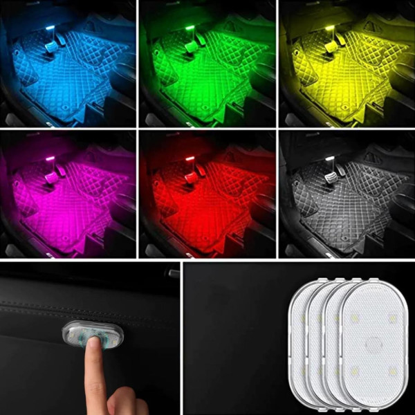 Автомобильный светодиодный светильник 2 штуки RGB с USB-зарядкой, Свет в салон автомобиля с сенсорным датчиком
