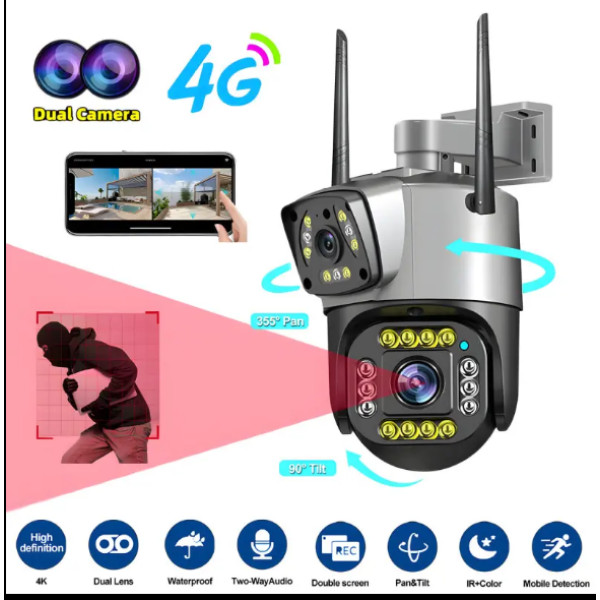 Камера видеонаблюдения уличная SC03 V380pro, подключение через 4G / LAN две линзы