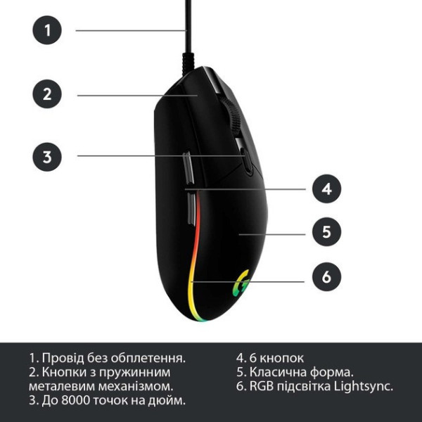 Игровая мышь G102 Lightsync Black, проводная, 8000 DPI, RGB подсветка, 6 кнопок