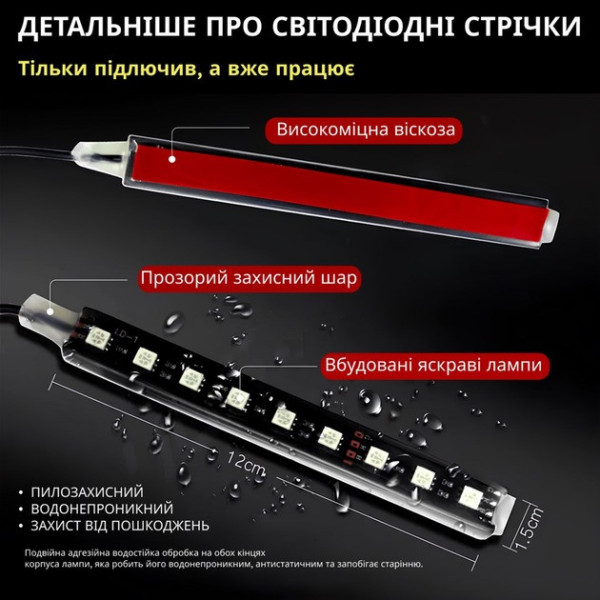 Светодиодная подсветка для авто Bluetooth 12В RGB 4 ленты (2×90 см, 2×120 см) IP68 управление с телефона