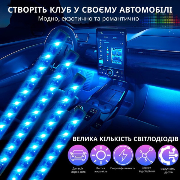 Светодиодная подсветка для авто Bluetooth 12В RGB 4 ленты (2×90 см, 2×120 см) IP68 управление с телефона