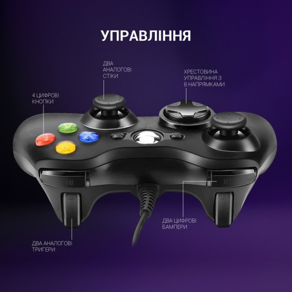 Проводной геймпад 360 USB контроллер для ПК и консоли с виброотдачей 2 метра черный