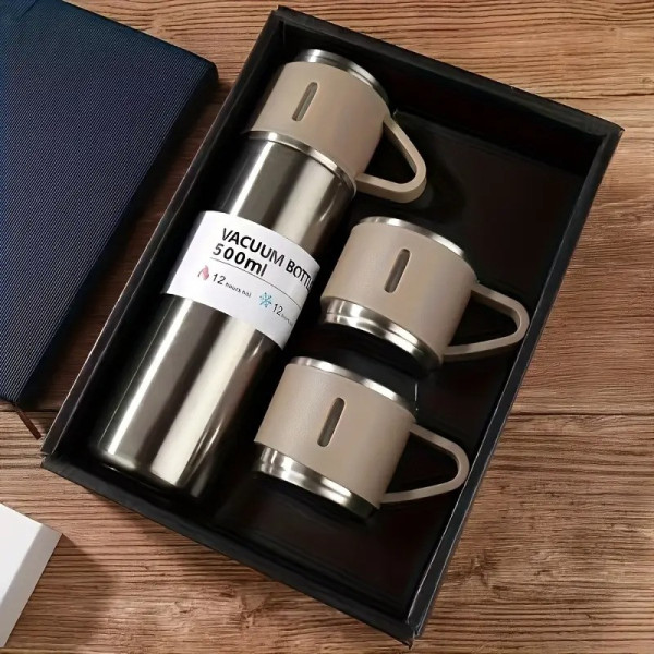 Подарочный набор термос 0.5 л и 3 кружки в коробке / Термос Vacuum Flask Set из нержавеющей стали
