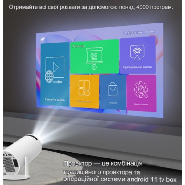 Смарт-проектор Android 11 с Wi-Fi и Bluetooth, портативный LED проектор 100", 1080p, HDMI, USB