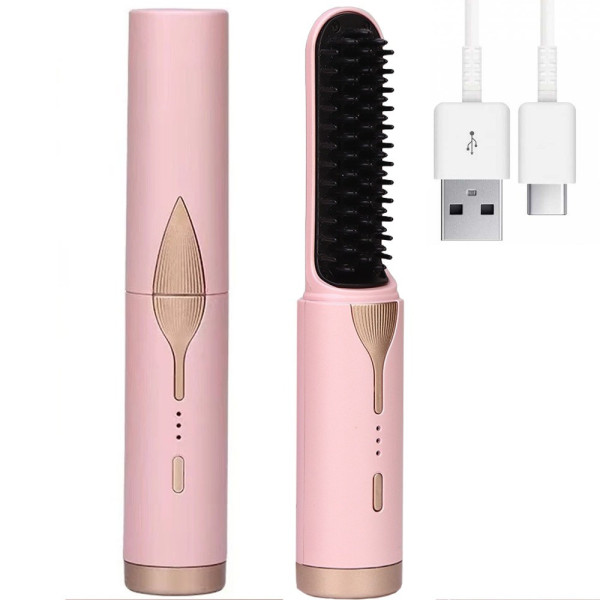 Мини-щетка выпрямитель для волос с аккумулятором, USB-зарядкой и 3 температурными режимами, розовая