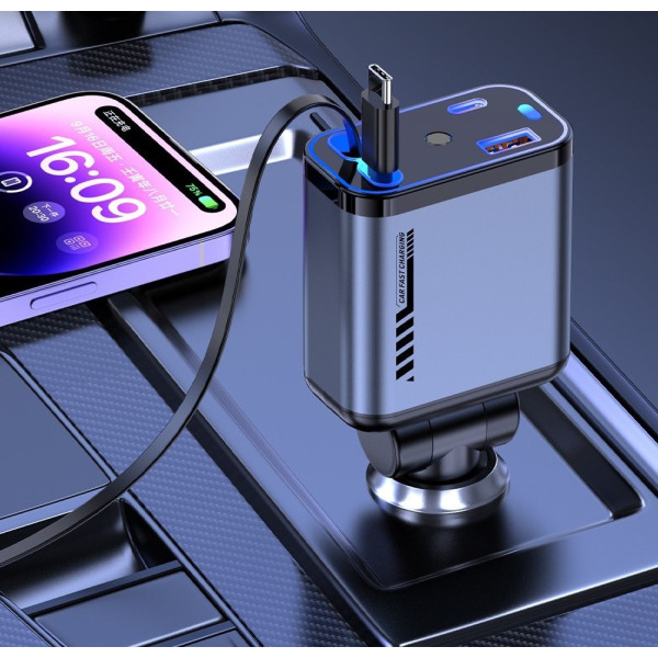Автомобильное зарядное устройство с проектором "Звёздное небо", USB, Type-C, Lightning, 66 Вт, QC 3.0, PD