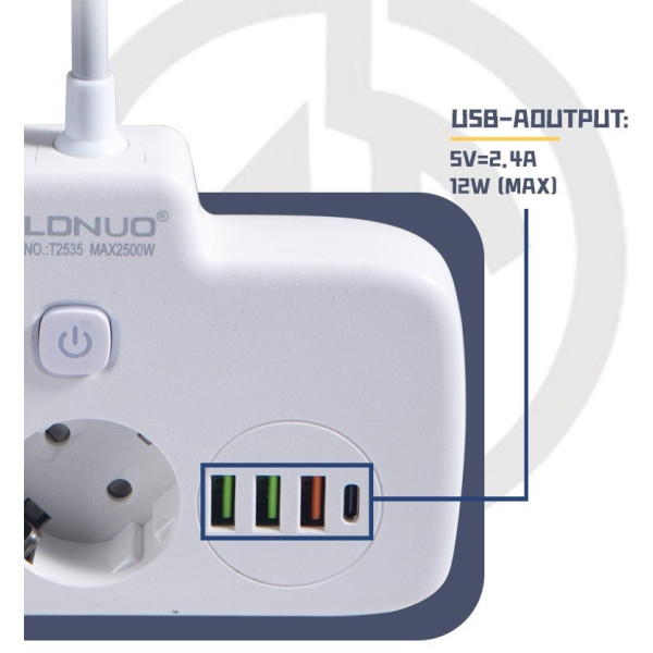 Сетевой фильтр-удлинитель LDNIO SE2435 с USB, QC3.0, PD 20Вт, 2 розетки EU, 4 USB, защита от перегрева