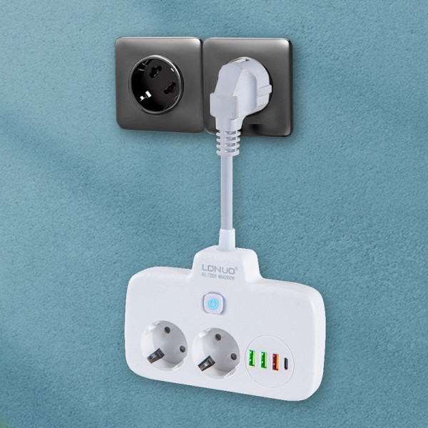 Сетевой фильтр-удлинитель LDNIO SE2435 с USB, QC3.0, PD 20Вт, 2 розетки EU, 4 USB, защита от перегрева