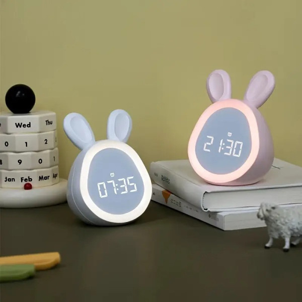 Настольные электронные часы-ночник Зайчик с LED-дисплеем, подсветкой, будильником и аккумулятором 1500 мАч