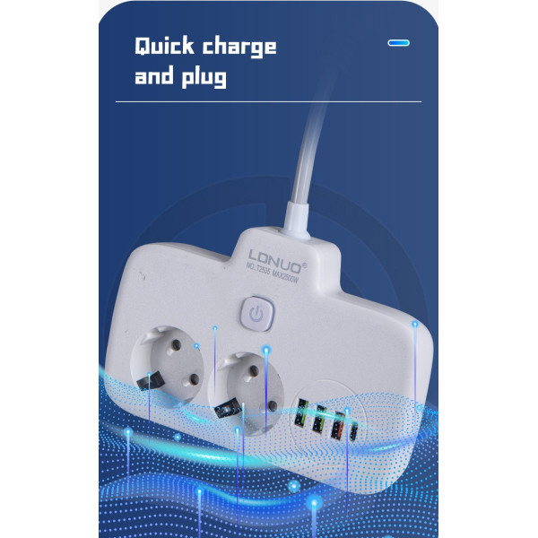 Сетевой фильтр-удлинитель LDNIO SE2435 с USB, QC3.0, PD 20Вт, 2 розетки EU, 4 USB, защита от перегрева