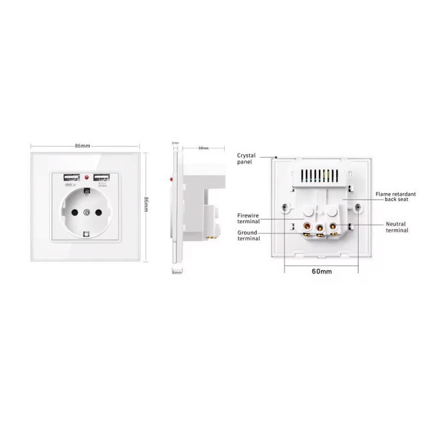Розетка с заземлением SIXWGH белая с двумя USB портами WH034W