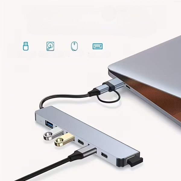 Универсальный USB Type-C хаб 7в1 адаптер разветвитель портов для ноутбука ПК мультипортовый серый