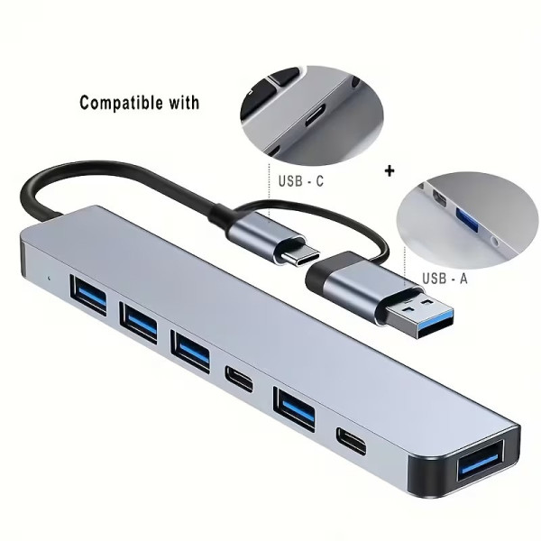 Универсальный USB Type-C хаб 7в1 адаптер разветвитель портов для ноутбука ПК мультипортовый серый