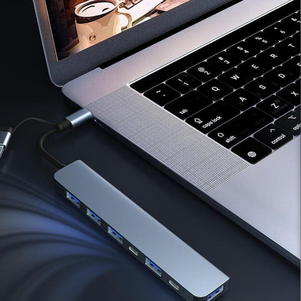 Универсальный USB Type-C хаб 7в1 адаптер разветвитель портов для ноутбука ПК мультипортовый серый