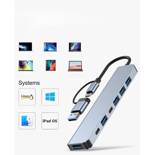 Универсальный USB Type-C хаб 7в1 адаптер разветвитель портов для ноутбука ПК мультипортовый серый