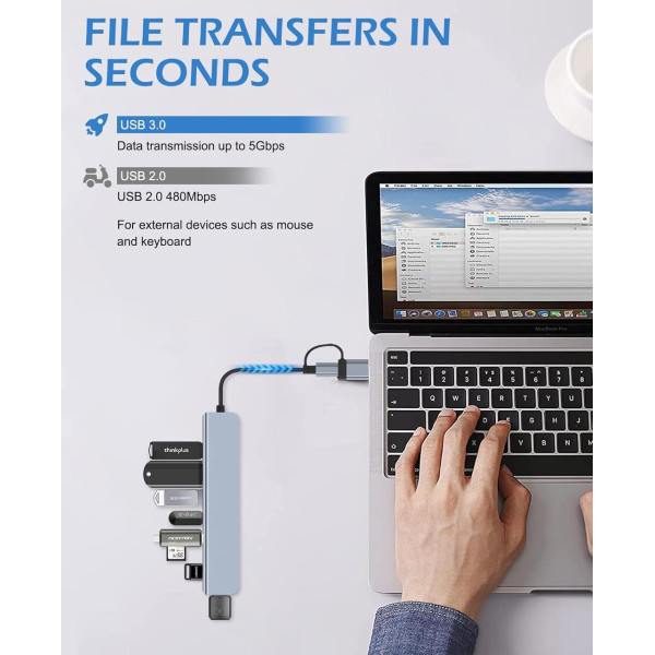 Универсальный USB Type-C хаб 7в1 адаптер разветвитель портов для ноутбука ПК мультипортовый серый