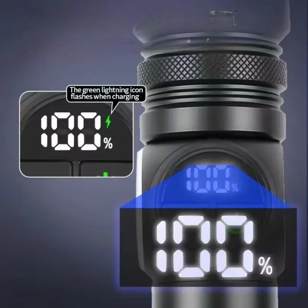 Аккумуляторный фонарь ручной 2305 мощный с зумом дисплеем и Power Bank кемпинговый светодиодный черный