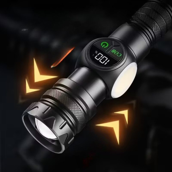 Аккумуляторный фонарь ручной 2305 мощный с зумом дисплеем и Power Bank кемпинговый светодиодный черный