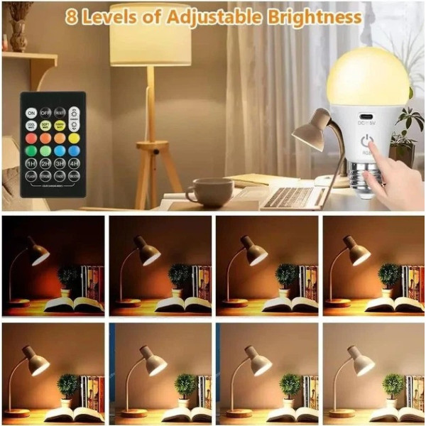 Лампа аккумуляторная E27 A65 , LED лампочка RGB, аварийная лампа с пультом, беспроводная лампа, лампа с аккумулятором и USB