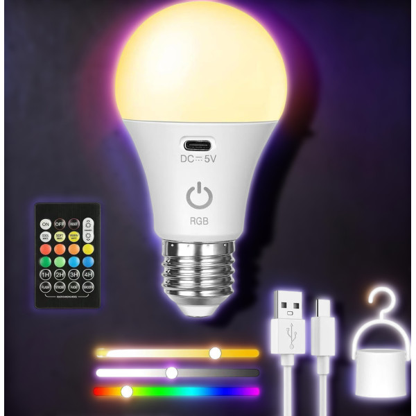 Лампа аккумуляторная E27 A65 , LED лампочка RGB, аварийная лампа с пультом, беспроводная лампа, лампа с аккумулятором и USB