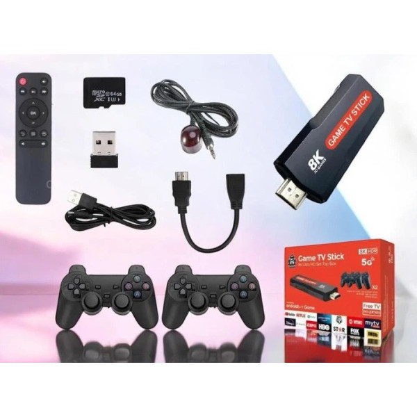 Игровая приставка X9 8K 64GB 30000 игр Android TV Game Stick, ретро консоль HDMI с 2 беспроводными джойстиками