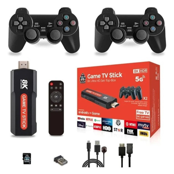 Игровая приставка X9 8K 64GB 30000 игр Android TV Game Stick, ретро консоль HDMI с 2 беспроводными джойстиками