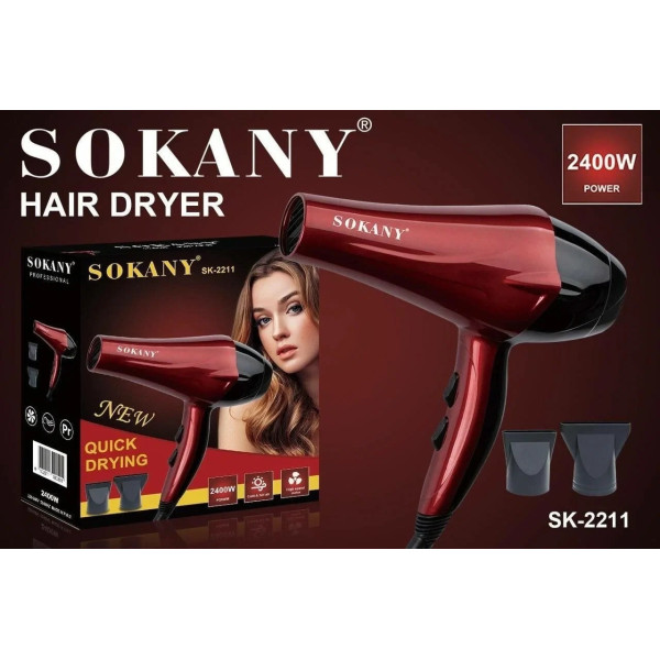 Фен для волос Sokany SK-2211 2400Вт с ионизацией, профессиональный фен с насадками концентратор диффузор красный