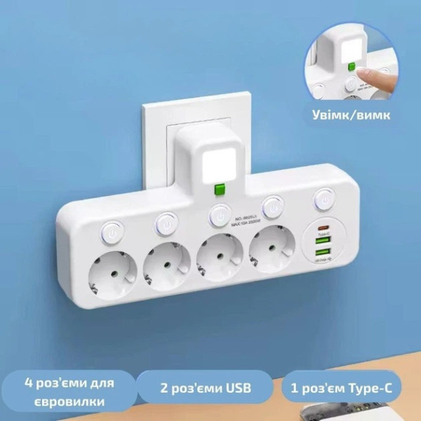 Сетевой фильтр на 4 розетки с USB и Type-C, удлинитель четверник с подсветкой, сетевой переходник с выключателем