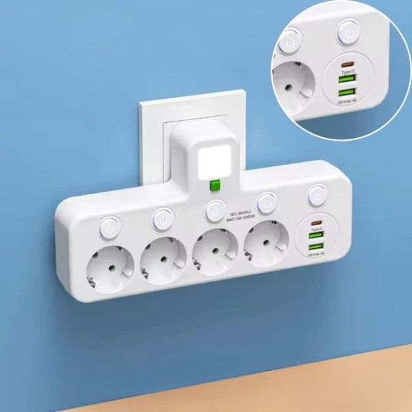 Сетевой фильтр на 4 розетки с USB и Type-C, удлинитель четверник с подсветкой, сетевой переходник с выключателем