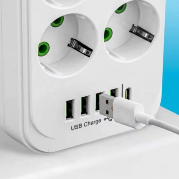Сетевой фильтр удлинитель, удлинитель с USB и Type-C, розетка на 10 гнезд, зарядная станция, переноска электрическая D10 5 м белый