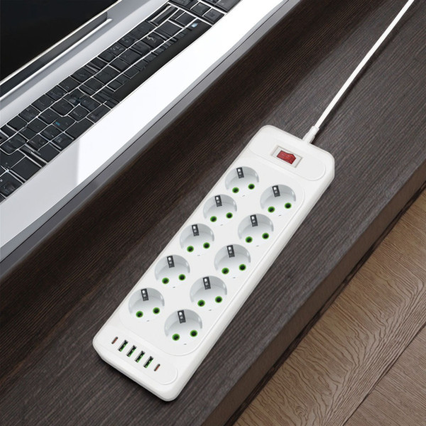 Сетевой фильтр удлинитель, удлинитель с USB и Type-C, розетка на 10 гнезд, зарядная станция, переноска электрическая D10 5 м белый