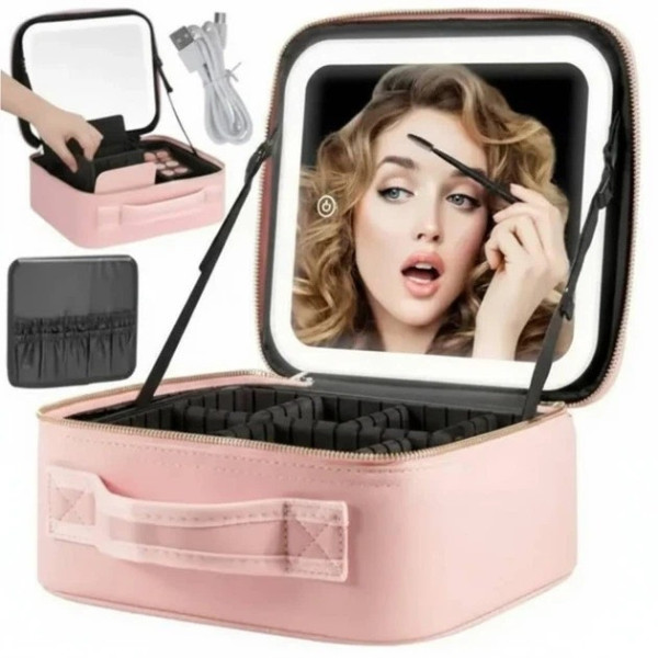 Дорожная косметичка  бьюти кейс Make Up с LED зеркалом, тканевая косметичка чемоданчик с подсветкой, органайзер для косметики