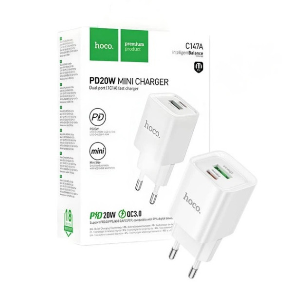Зарядное устройство USB Type-C + USB 20W PD + QC 3.0, адаптер быстрой зарядки на 2 порта, блок питания для смартфона HOCO C147A