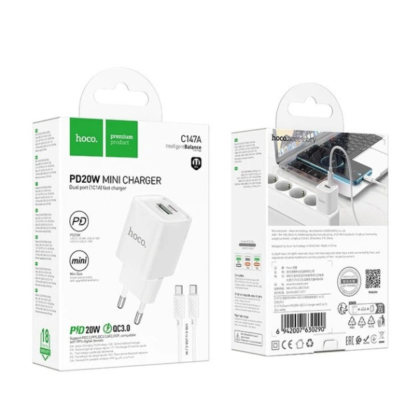 Зарядное устройство USB Type-C + USB 20W PD + QC 3.0, адаптер быстрой зарядки на 2 порта, блок питания для смартфона HOCO C147A