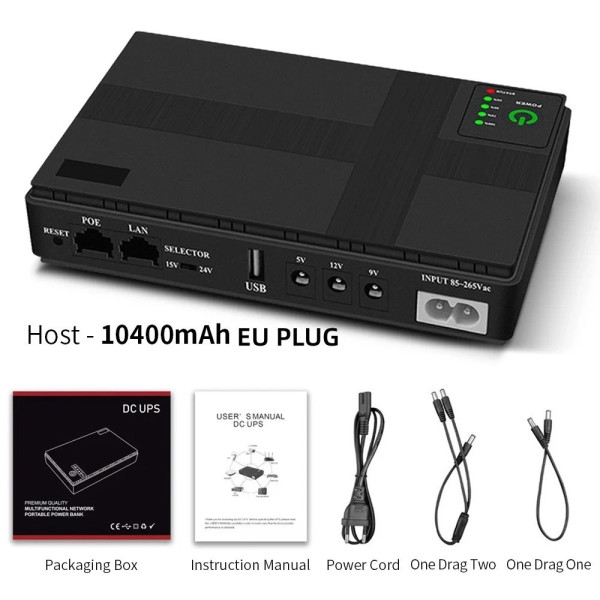 Источник бесперебойного питания UPS 10400 mAh 36W для роутера и сетевого оборудования, черный