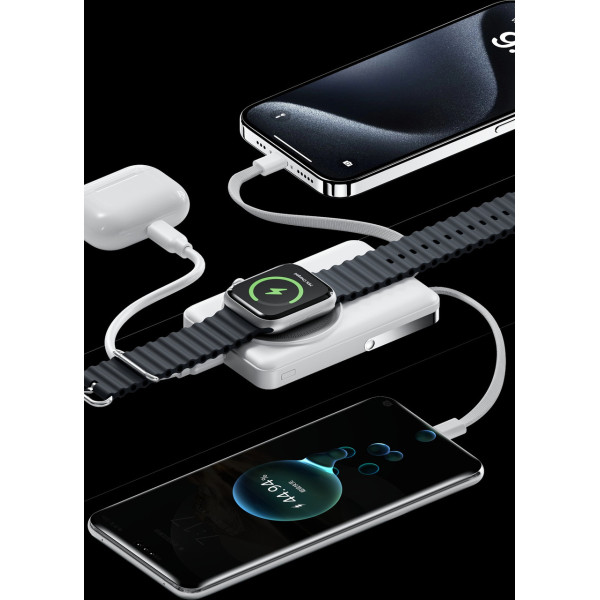 Повербанк 20000 mAh Qi2 22.5W с беспроводной зарядкой MagSafe, встроенными кабелями Lightning/Type-C, быстрая зарядка, белый