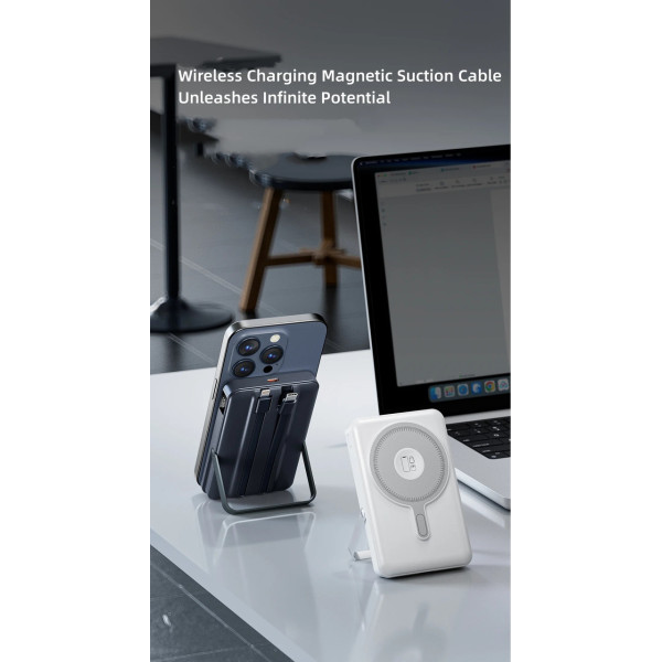 Повербанк 20000 mAh Qi2 22.5W с беспроводной зарядкой MagSafe, встроенными кабелями Lightning/Type-C, быстрая зарядка, белый