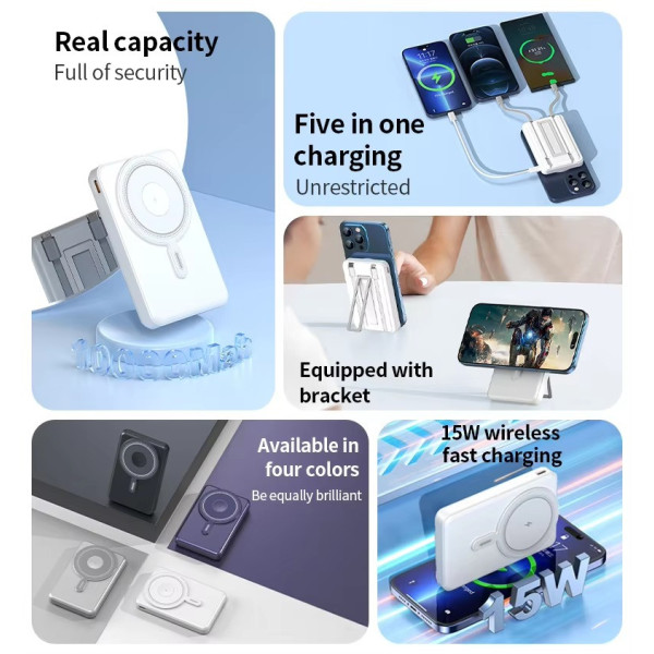 Повербанк 20000 mAh Qi2 22.5W с беспроводной зарядкой MagSafe, встроенными кабелями Lightning/Type-C, быстрая зарядка, белый