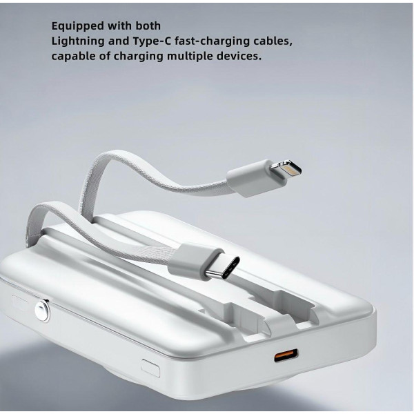 Повербанк 20000 mAh Qi2 22.5W с беспроводной зарядкой MagSafe, встроенными кабелями Lightning/Type-C, быстрая зарядка, белый
