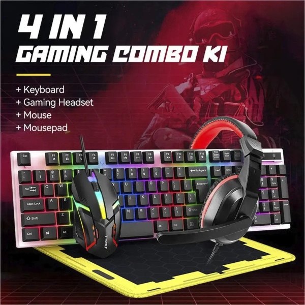 Игровой набор 4 в 1 T-Wolf TF240 клавиатура, мышь, наушники и коврик, геймерский комплект с LED подсветкой, гарнитура