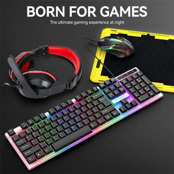 Игровой набор 4 в 1 T-Wolf TF240 клавиатура, мышь, наушники и коврик, геймерский комплект с LED подсветкой, гарнитура