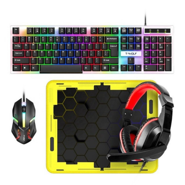 Игровой набор 4 в 1 T-Wolf TF240 клавиатура, мышь, наушники и коврик, геймерский комплект с LED подсветкой, гарнитура