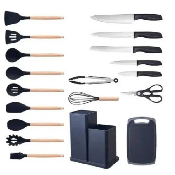 Набор кухонных принадлежностей 19 предметов Kitchen Set, комплект кухонных инструментов с бамбуковыми ручками и силиконовыми насад